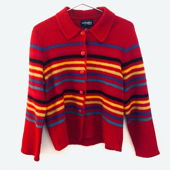 REQUIREMENTS Petite Vintage Boiled Wool Cardigan Sweater, Red Multi Striped - Picture 3 of 4
